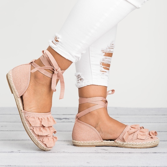 SunnyMia Shoes - Ruffle Lace up Espadrilles - Pink
